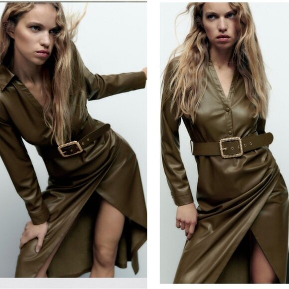 Zara khaki faux leather V-neck belted midi dress lapel collar long sleeve L NWOT - Picture 3 of 16
